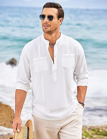 Men's Linen Henley Shirt Long Sleeve Casual  Cotton Beach T Shirts