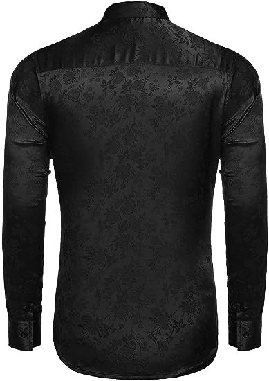 Men's Silk Satin Dress Shirts Long Sleeve Floral Button Up Shirts