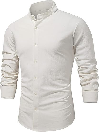 Mens Cotton Linen Shirts Summer Casual Long Sleeve Band Collar Button Down Beach Shirt