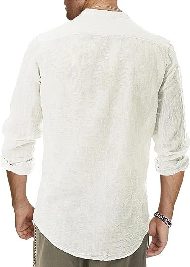 Mens Cotton Linen Shirts Summer Casual Long Sleeve Band Collar Button Down Beach Shirt