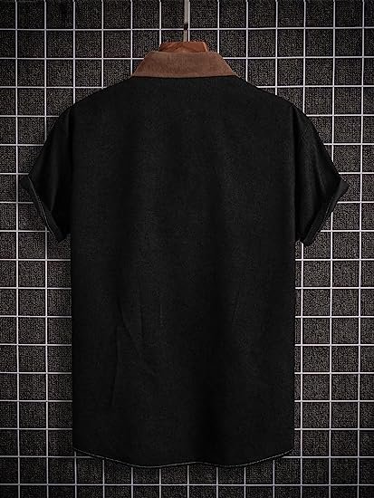 Men's Casual Button Up Shirt Pocket Short Sleeve Colorblock Collar Blouse Tops